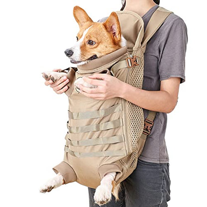 FLAdorepet Dog Carrier Tactical Backpack for Small Medium Dogs,Soft Hands-Free Legs Out Pet Front Cat Dog Carrier Backpack Travel Bag for Outdoor Traveling Hiking Camping (Large, Khaki) - size: Large(Pet 30-45LBS)