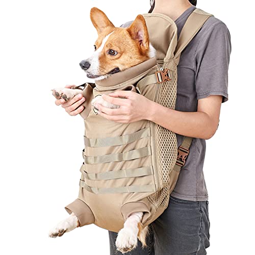 FLAdorepet Dog Carrier Tactical Backpack for Medium Large Dogs,Soft Hands-Free Legs Out Pet Front Cat Dog Carrier Backpack Travel Bag for Outdoor Traveling Hiking Camping (Medium, Khaki) - size: 21.7"L x 7.5"W x 13.0"H