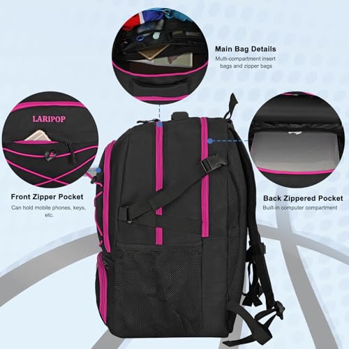 LARIPOP Basketball Backpack Large Basketball Bag with Ball Holder & Shoe Compartment for Adults Men Women - color: Rose Red