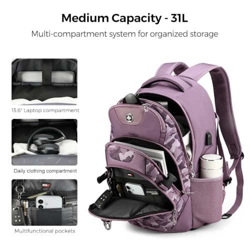 Swissdigital Design Laptop Backpack for Men with USB Charging Port SD803-93 - color: Pink Camo