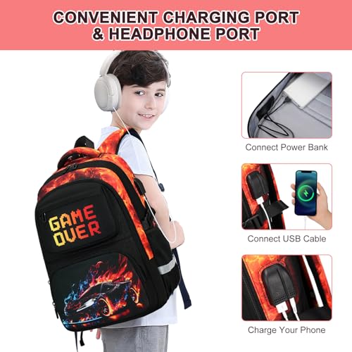 3PCS School Backpack for Boys, Cool Gamer Boys Backpack with Lunch Box and Pencil Case for Kids Kindergarten Teens Elementary Middle School Bag with Convenient Charging Port,Gaming Bookbag Waterproof - color: Red Flame Race Car