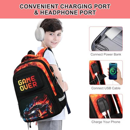 3PCS School Backpack for Boys, Cool Gamer Boys Backpack with Lunch Box and Pencil Case for Kids Kindergarten Teens Elementary Middle School Bag with Convenient Charging Port,Gaming Bookbag Waterproof - color: Red Flame Race Car
