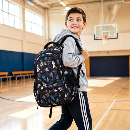 MYGOO Boys School Backpack Doubleday Astro Black Bookbag for Elementary Middle School Ages 5-12, 17 inch Large Capacity 24L Kids Student Travel Bags - color: Doubleday Astro Black