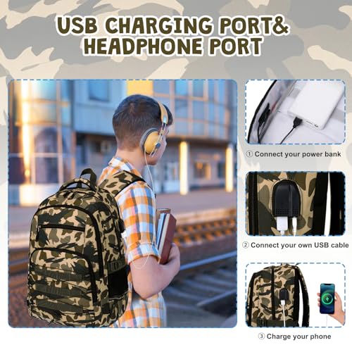 ACESAK Camo Backpack for Boys, Tactical Kids Backpack Boys, School Bags for Boy Children Teens Kids Elementary Middle High School, Military Bookbag and Lunch Bag Pencil Case Set with USB Charging Port - color: Green Brown
