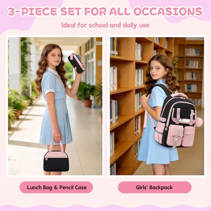 MUSEVOS Girls Backpack, Kids Backpack for Girls, School Bookbag for Teens Age 6-15, Large Capacity Water Resistant Backpack for Elementary to High School, Cute Travel Daypack, Black Pink 3pcs - color: Black Pink-3pcs