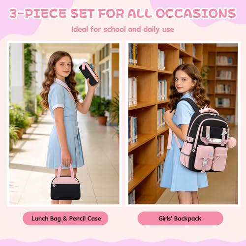 MUSEVOS Girls Backpack, Kids Backpack for Girls, School Bookbag for Teens Age 6-15, Large Capacity Water Resistant Backpack for Elementary to High School, Cute Travel Daypack, Black Pink 3pcs - color: Black Pink-3pcs