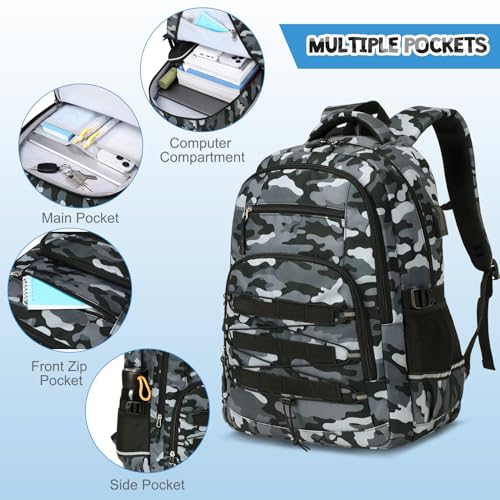 ACESAK Camo Backpack for Boys, Tactical Kids Backpack Boys, School Bags for Boy Children Teens Kids Elementary Middle High School, Military Bookbag and Lunch Bag Pencil Case Set with USB Charging Port - color: Gray Black