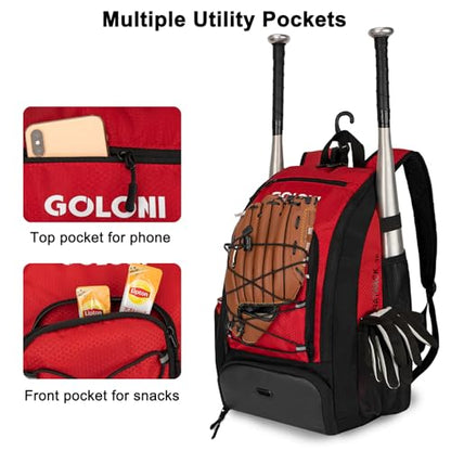 Goloni 40L Baseball Bag, Softball Bat Bag with Shoes Compartment,Fence Hook,Backpack for Baseball, T-Ball & Softball Equipment & Gear - color: Red