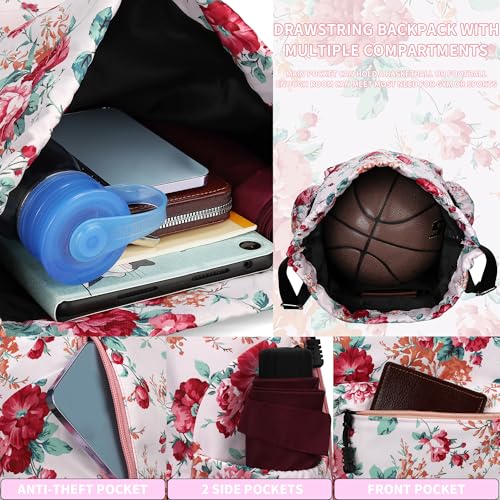 Drawstring Backpack for Women Drawstring Gym Bag Water Resistant Small Cinch Sack Pull String Backpack Bag (Flower-D) - color: Peony