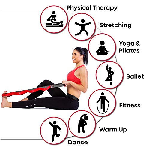 Stretching Strap with Loops - Non Elastic Stretch Band for Physical Therapy, Yoga Strap for Stretching Equipment, Stretch Bands for Exercise and Flexibility - Fascia, Hamstring & Leg Stretcher Belt - style: 10 Loops Red + Black Slant Board