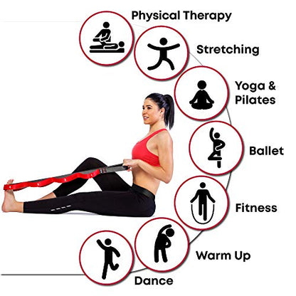 Stretching Strap with Loops - Non Elastic Stretch Band for Physical Therapy, Yoga Strap for Stretching Equipment, Stretch Bands for Exercise and Flexibility - Fascia, Hamstring & Leg Stretcher Belt - style: 10 Loops Red + Black Slant Board