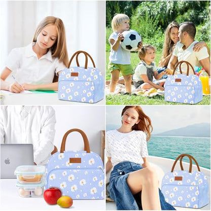 Coobiiya Lunch Bag Lunch Box for Women Men, Reusable Cute Lunchbag - Leakproof, Adult Insulated Lunch Box Tote with Large Capacity, Cooler Container for Work, Travel, Office (Blue Daisy) - color: Blue Daisy