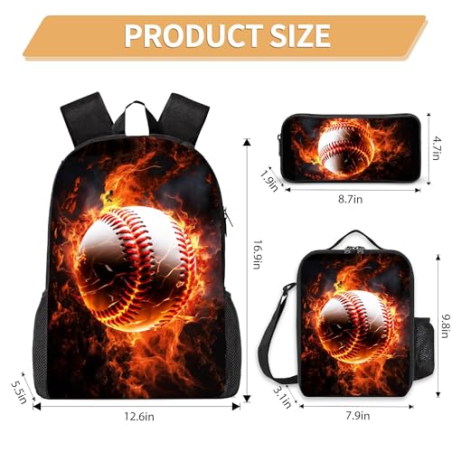 3PCS Boys Backpack, Kids Back To School Backpack with Lunch Box Pencil Case Set, Cool Baseball Backpack for Boys Teens, 17" Schoolbag Bookbag for Elementary Middle High School Students - color: Fire Baseball