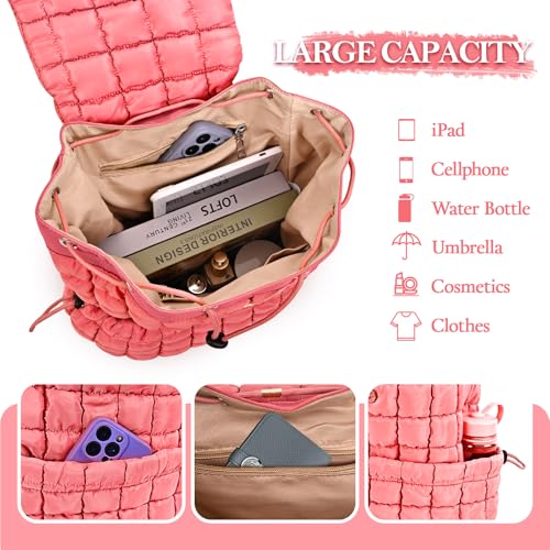 Quilted Puffer Backpack for Women Lightweight Soft Puffy Backpack Purse Casual Daily Drawstring Flap Daypack (Watermelon Red) - color: Watermelon Red