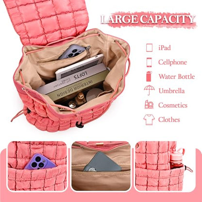 Quilted Puffer Backpack for Women Lightweight Soft Puffy Backpack Purse Casual Daily Drawstring Flap Daypack (Watermelon Red) - color: Watermelon Red