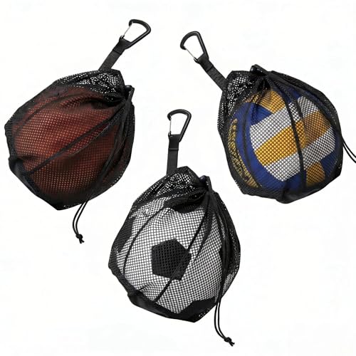 2-3-4 Pack Single Ball Bag for Basketball Soccer Volleyball,12x10 Inch Mesh Storage with Zipper Pocket,Portable Adjustable Drawstring Ball Bag with Hanging Clip Fits Most Backpacks - color: Black-3P