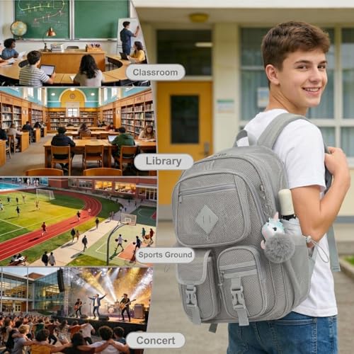 Mesh Backpack for Girls Boys, Heavy Duty Semi-Transparent Mesh Bookbag Womens Mens for School, Sports, Beach, Swimming, Travel - Light Grey - color: Light Grey