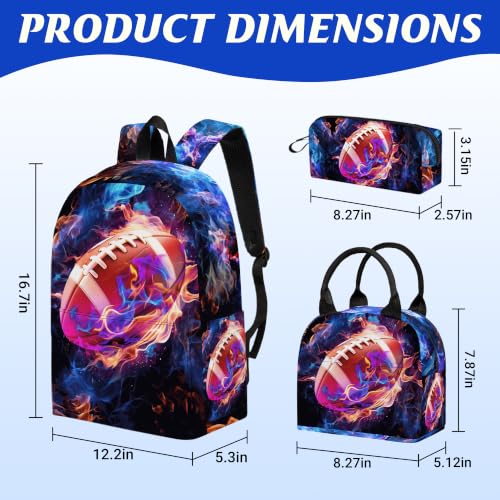 3PCS Boys Football Backpack, Bookbag for Kids Boys with Lunch Box, 17 Inch Football Teens Back to School Bag Set, Laptop Backpack for Mens School/Daypack - color: Football