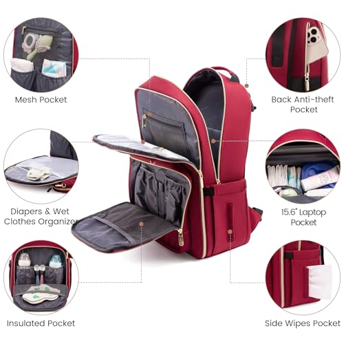 LOVEVOOK Diaper Bag Backpack, Quilted Baby Bag with Changing Pad & Pacifier Holder, Waterproof Travel Diaper Bags for Baby Boys Girls, Stylish and Large Capacity,Wine Red - color: Wine Red