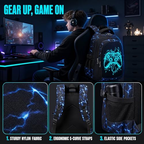Jumpopack Gamer Boys Backpack Luminous School Backpacks for Boys Elementary School Bag Bookbag Kids Backpack with Lunch Box,Luminous Gamer Print - color: Luminous Gamer