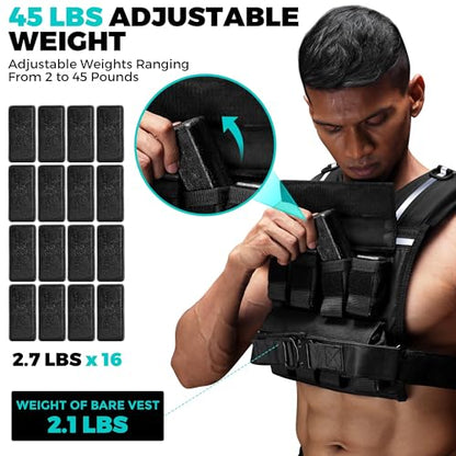35lb/45lb Weighted Vest Men , Adjustable Rucking Vests for Walking with Reflective Stripe, 1.2" Ultra Thick Shoulder Padding Strength Training Workout Vest for Running GYM Home, Detachable Iron Weights - size: 2-45 LBS