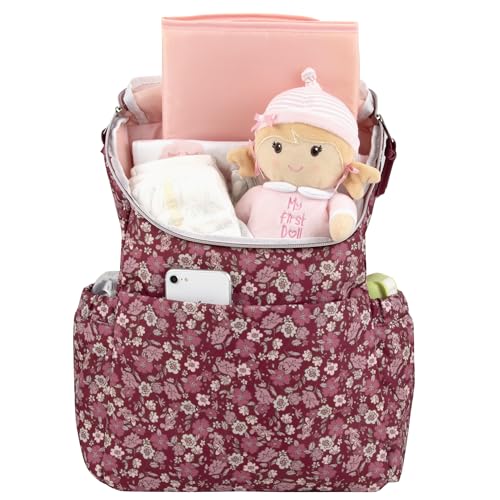 Multi-Function Floral Diaper Backpack and Travel Nappy Baby Bag with Changing Pad and Stroller Straps - color: Burgundy Floral