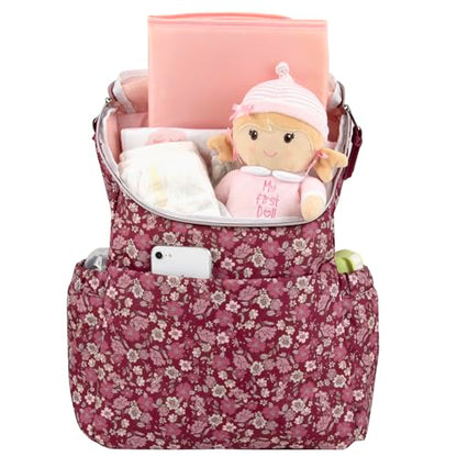 Multi-Function Floral Diaper Backpack and Travel Nappy Baby Bag with Changing Pad and Stroller Straps - color: Burgundy Floral
