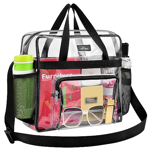 MAY TREE Clear Bag for Stadium Events, 12×5.5×12 Clear Tote Lunch Bag with Non-detachable Reinforced Straps for Work, Sporting Events and Gym, Black - color: Black