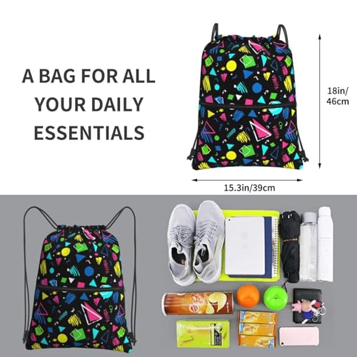JOOCAR 80s 90s Drawstring Bag Restro Backpack Draw String Bags Waterproof Lightweight Sports Gym Beach Sackpack Zipper Pocket for Men Women - color: B12