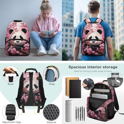 JEOCODY Girls School Bag for Kids Cute Cherry Blossom Panda Backpack and Lunch Box Set with Pencil Case and Water Bottle Holder Set of 4 School Daypack for Travel Hiking Back to School Accessories - color: Cherry Blossom Panda