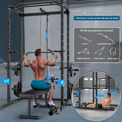ULTRA FUEGO Power Cage, Multi-Functional Power Rack with J-Hooks, Dip Handles, Landmine Attachment and Optional Cable Pulley System for Home Gym - size: Power Cage with Pulley System and Olympic Bar