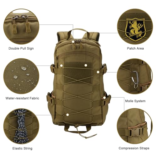 25L Hiking Backpack Small Tactical Backpack Daypack Camping Trekking Hunting Molle Pack for Men Women, Khaki - color: Khaki