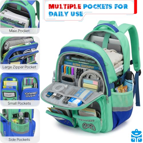 Boys Backpack, Luminous Gamer Backpack for Boys with Lunch Box,Pencil Case and Coin Puese,Kids Schoolbag Bookbag for Teen Boy Elementary Middle High School Travel(Green-Blue) - color: Green-blue