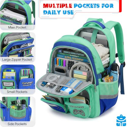 Boys Backpack, Luminous Gamer Backpack for Boys with Lunch Box,Pencil Case and Coin Puese,Kids Schoolbag Bookbag for Teen Boy Elementary Middle High School Travel(Green-Blue) - color: Green-blue