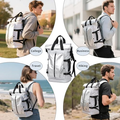 Rolltop Backpack, Travel Rucksack for Men Women, Anti Theft Backpacks with 15.6-inch Laptop Compartment, Waterproof Casual Daypack for Work, Business, Commuter and College - color: Light Grey
