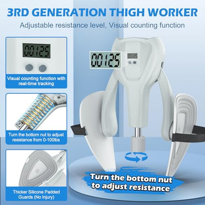 3rd Gen Inner Thigh Leg Train Exercisers 0-100 lbs Adjustable Resistance with Leg Straps Band Pelvic Floor Kegel Hip Exercise Workout Equipment Pilates Women Men - color: White