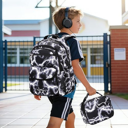 Bevalsa Backpack for Boys, Lightning School Bags with Lunch Bag & Pen Case for Kids, Bookbag for Boys Teens Elementary Middle High School - color: Black