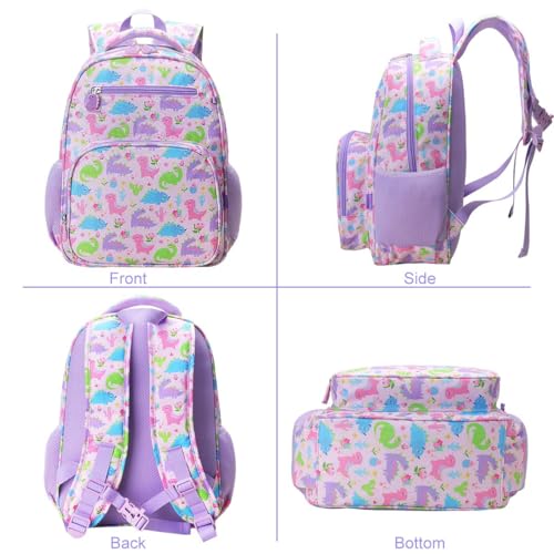 RHCPFOVR Kids Backpack for Girls - Girls Backpack 3-8 Ages Dinosaur for Kids 15 Inch School Bookbag for Kindergarten Elementary School Bookbag for Girl 1st 2nd Grade - style: Purple Dinosaur