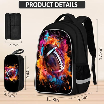 School Backpack for Boys - 4pcs Ameriacn Football Boys Backpack with Lunch Box and Pencil Case for Kids Children Teens Elementary Middle School - Students Bag for Ages 6-18,17″Bookbag Travel Back Pack - color: American Football-05-backpack Set