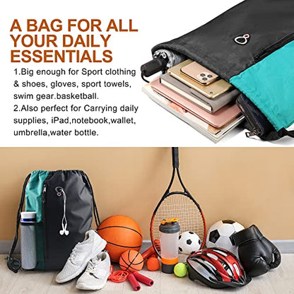 Drawstring Backpack Sports Gym Bag for Women Men Large Lightweight Backpack with Zipper and Water Bottle Mesh Pockets (Black/Teal) - color: Black/Teal, style: Drawstring With Mesh Pocket