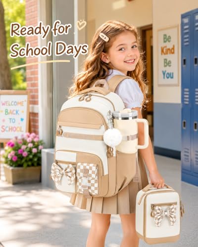 CAMTOP Girls Backpack with Lunch Box & Pencil Case Set, School Backpack for Girls with Large Water Bottle Holder Straps, Waterproof Kids Backpack, Cute Bookbag for Elementary School & Travel - color: Beige Brown