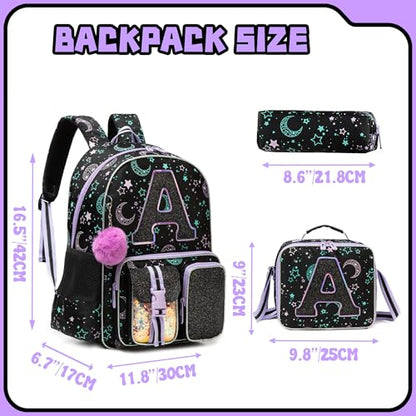 Meetbelify Backpack for Girls Letter Backpacks for Elementary Student Teen Girls Cute School Bag Kids Bookbag for Kids 8-10 - color: Initial a Black