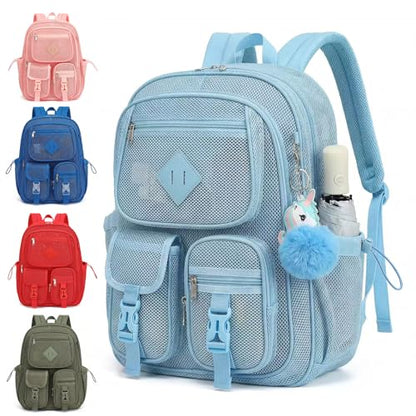 Mesh Backpack for Girls Boys, Heavy Duty Semi-Transparent Mesh Bookbag Womens Mens Mesh Backpacks for School, Sports, Beach, Swimming, Travel - Baby Blue - color: Baby Blue