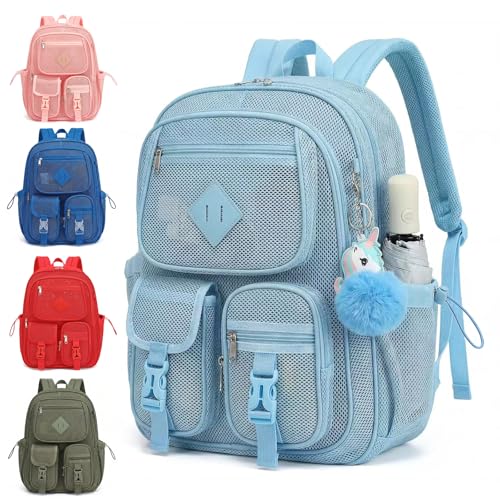 Mesh Backpack for Girls Boys, Heavy Duty Semi-Transparent Mesh Bookbag Womens Mens Mesh Backpacks for School, Sports, Beach, Swimming, Travel - Baby Blue - color: Baby Blue