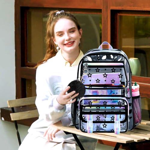 KLFVB 3PCS Clear School Backpack Heavy Duty, Girls See Through Bookbag Set, Cute Transparent Bag for Women - Star Black - color: Star Black Clear Backpack
