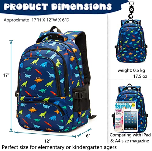 BLUEFAIRY Kids Backpack for Boys Elementary Primary Middle School Bags Back to School Bookbags Gifts Large Compartment with Tablet Sleeve Mochilas para niños 17" Dinosaur Navy Blue - color: Navy Blue