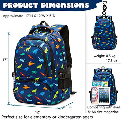 BLUEFAIRY Kids Backpack for Boys Elementary Primary Middle School Bags Back to School Bookbags Gifts Large Compartment with Tablet Sleeve Mochilas para niños 17" Dinosaur Navy Blue - color: Navy Blue