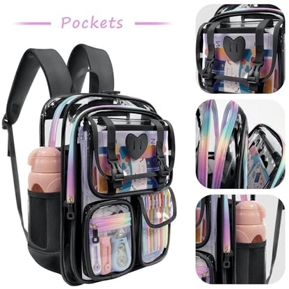 Clear Backpack for Girls Women Heavy Duty Transparent Bookbag School Backpack with Mesh Pockets Stadium Approved See Through Backpack (Black) - color: Black