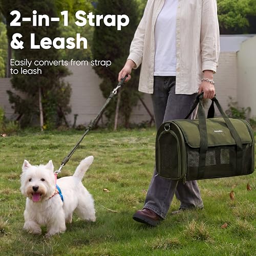 FUKUMARU Cat Carrier, Light & Airy Pet Carrier, 18x11x11 Airline Approved Dog Carrier for Small Dogs, 2-in-1 Shoulder Strap Leash, Collapsible Soft Cat Travel Carrier with Anti-Scratch Mesh, Green - color: Green