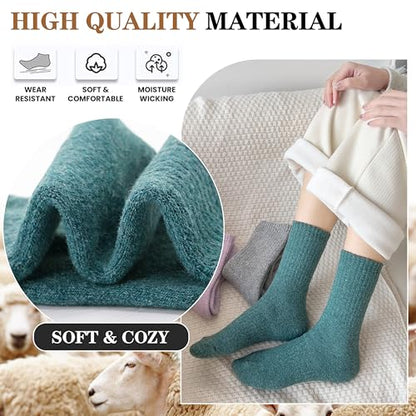 MOGGEI 5 Pairs Womens Merino Wool Socks Hiking Warm Winter Thick Thermal Crew Cozy Cabin Ladies Gift Comfy Boot Work Socks - color: White/Yellow/Green/Dark Grey/Caramel